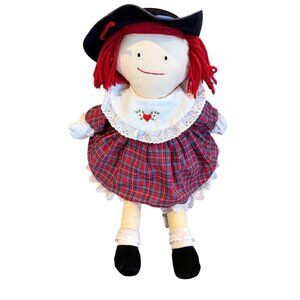 Vtg 1990 Eden 20" Madeline Cloth Doll, Red Paid Dress, Black Hat & Appendix Scar
